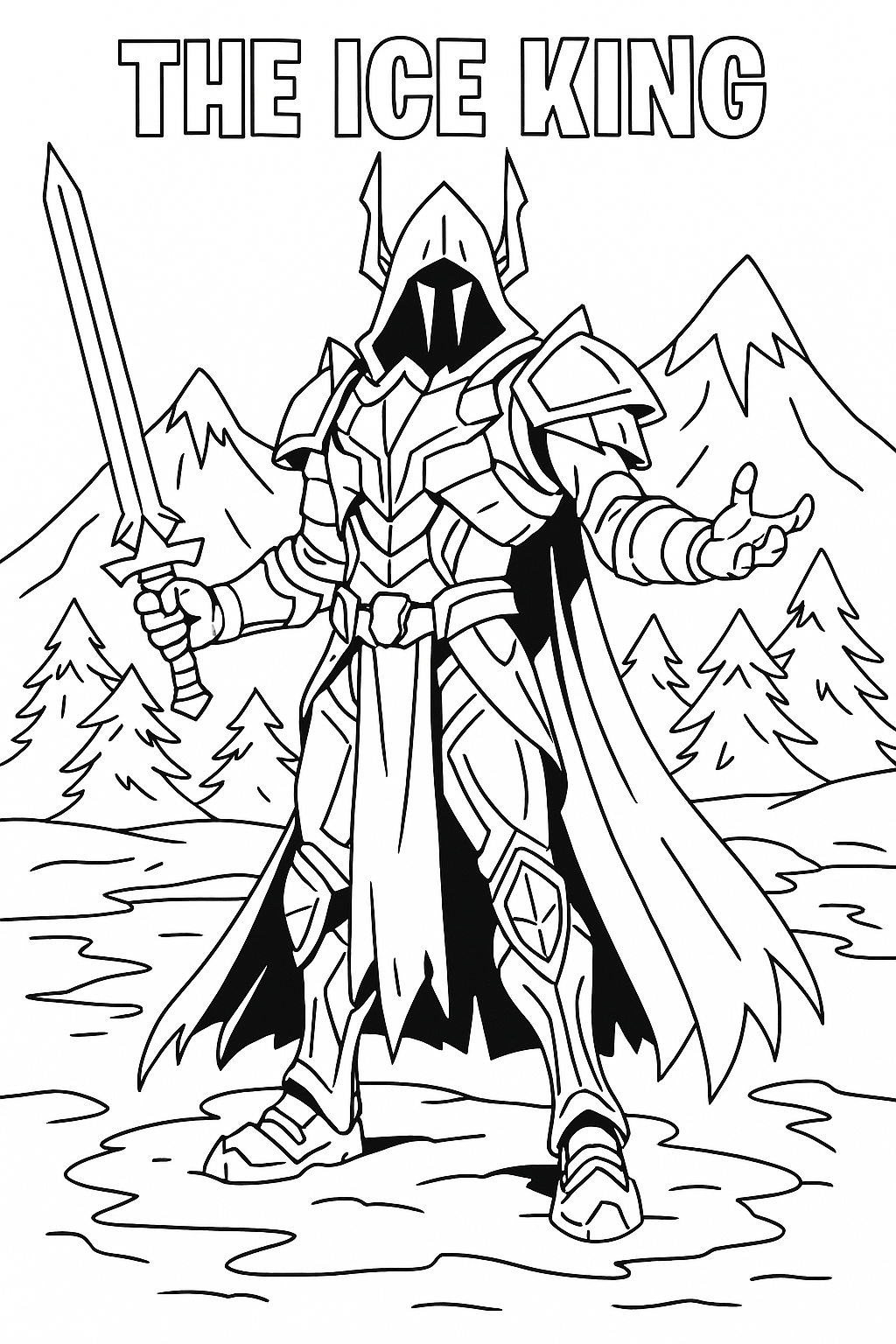 A line art coloring page features a figure titled